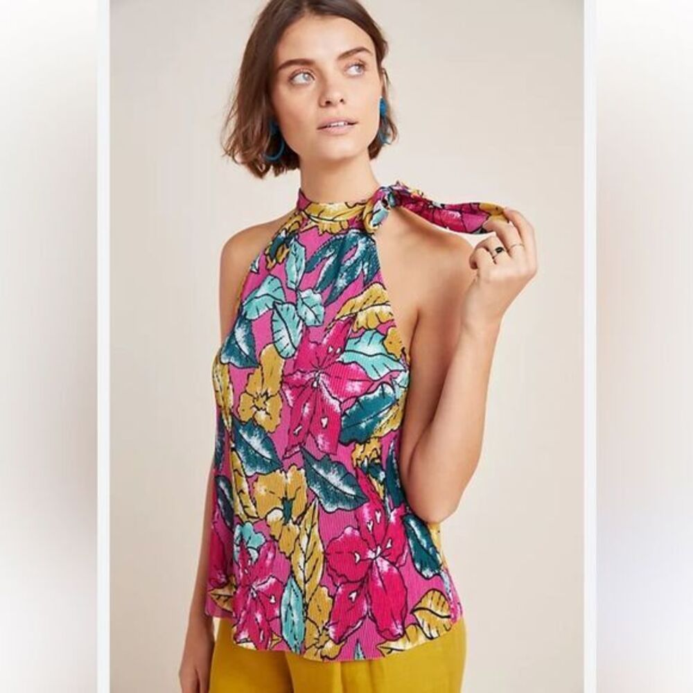Anthropologie Maeve Women’s‎ L Glocester Floral Halter Top Colorful Floral Pleat